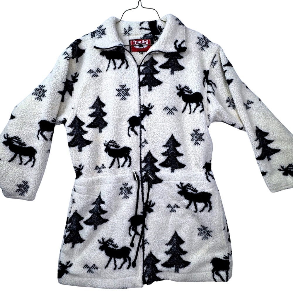 True Grit Fleece Jacket Womens XS Moose Trees Print Sherpa Zip Gorpcore Cabin